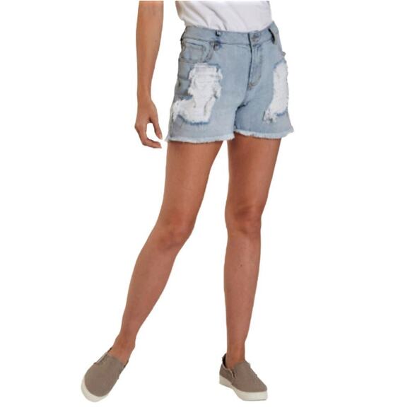 NWT DEAR JOHN Ava High Rise Raw Hem Missing Pocket Destructed Denim Shorts - Picture 2 of 9